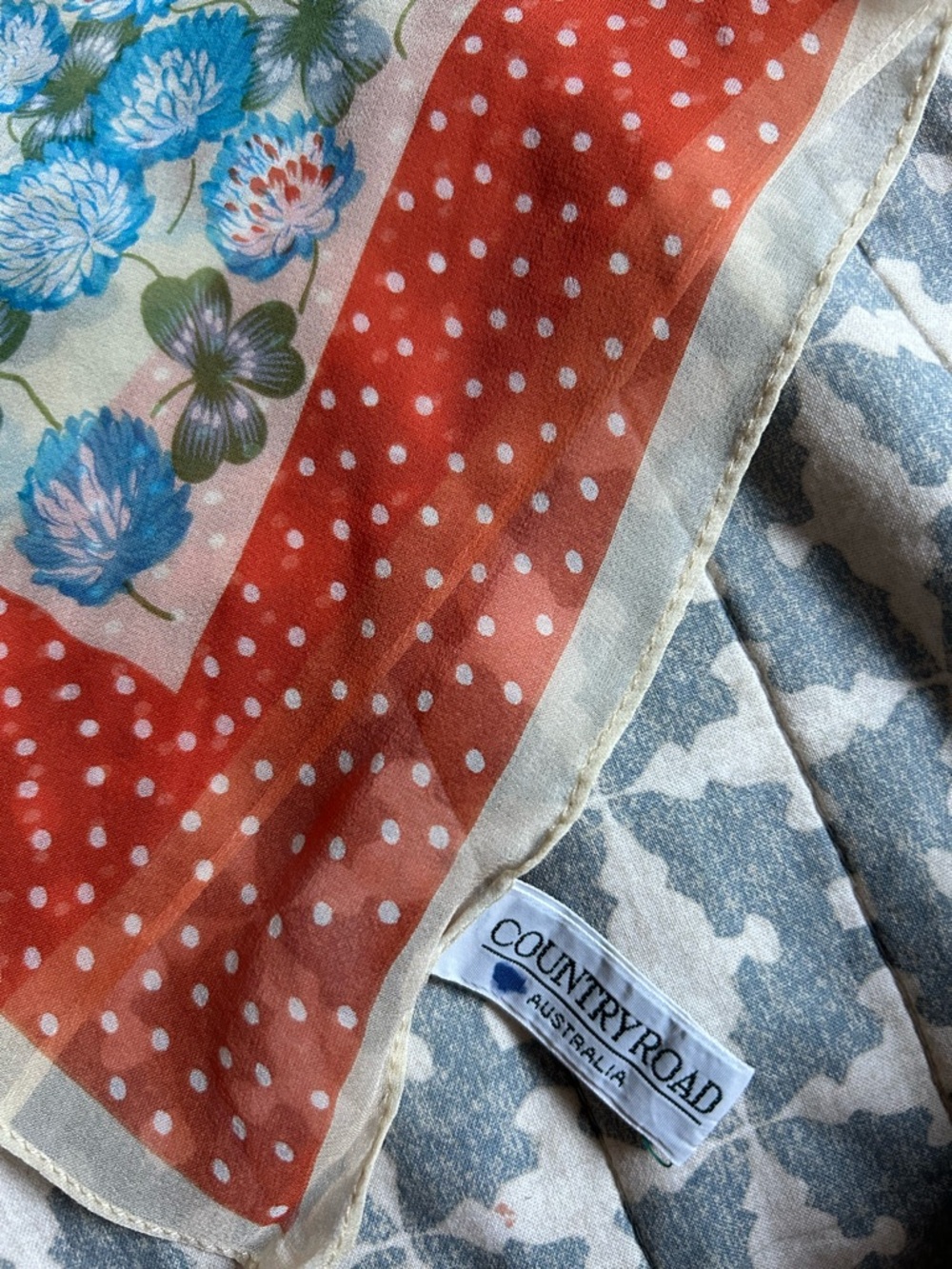Vintage Country Road Blue Floral, Clover & Red Polka Dot Silk Scarf - Picture 2 of 5